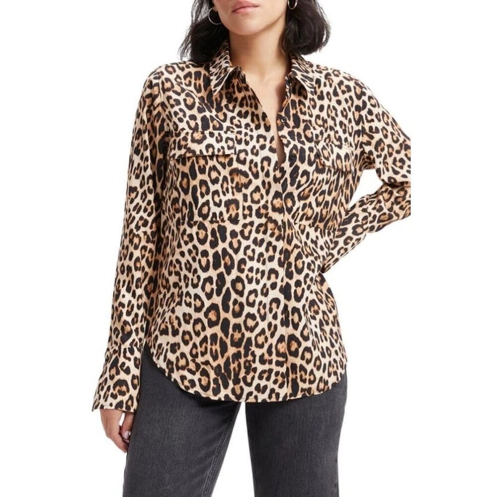 Good American size 1 (S) flap pocket leapord print button up long sleeve top EUC